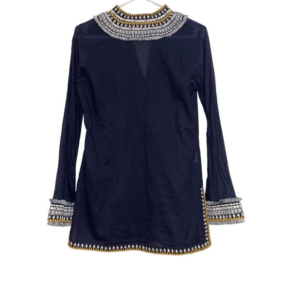 Tory Burch Embroidered Fringe Collar Tunic Top SZ 2 Navy Blue Summer Resort Wear - Picture 6 of 6